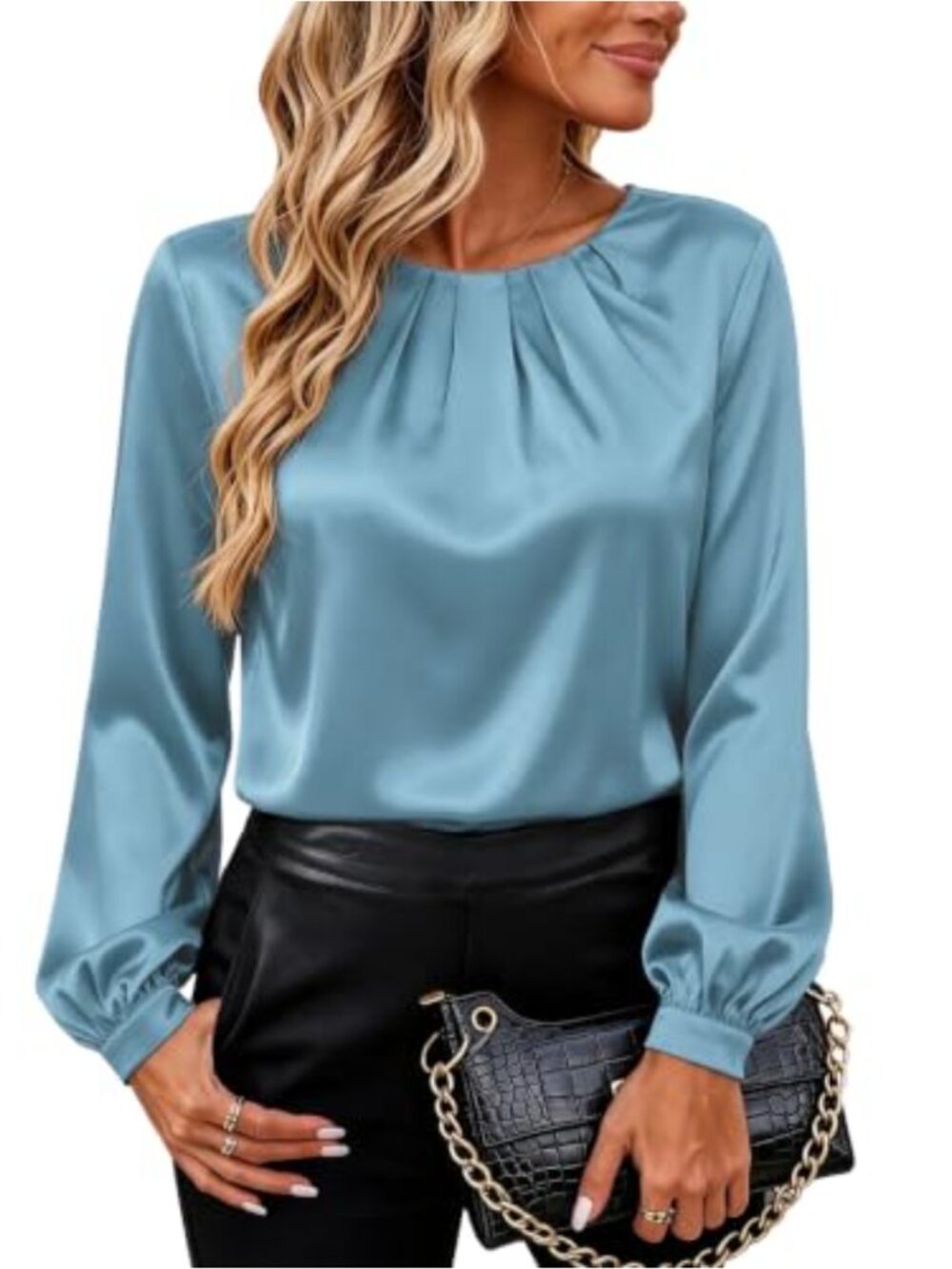 Satin Pleated Long Sleeve Blouse Crew Neck Dressy Work Top